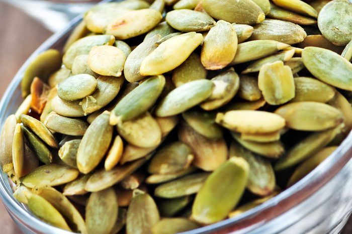 Bowl of pumpkin seeds.