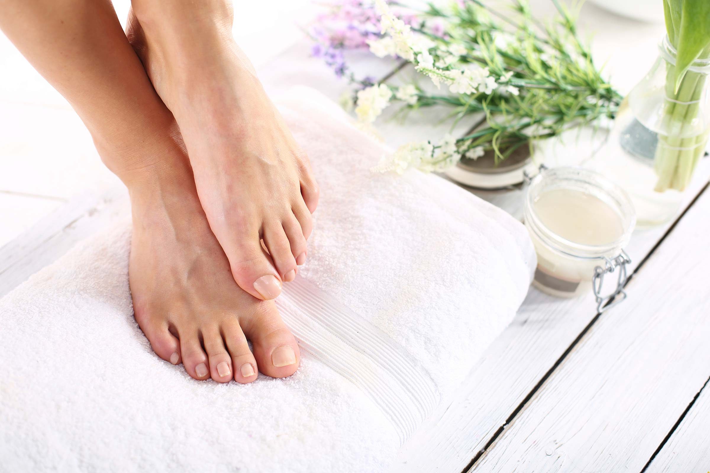 Clean, pedicured toenails.