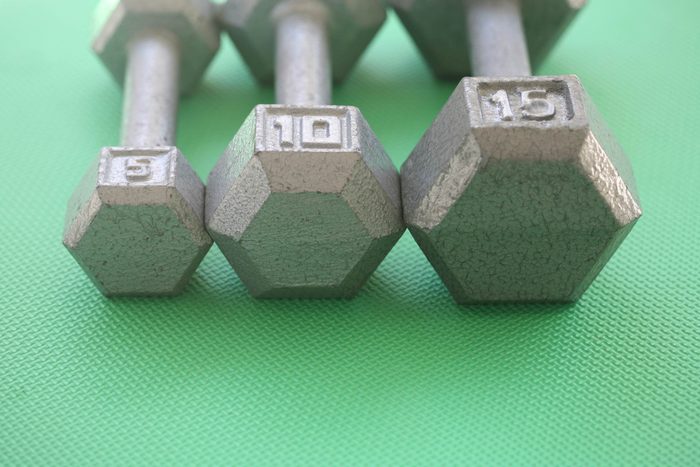 Three dumbbells.