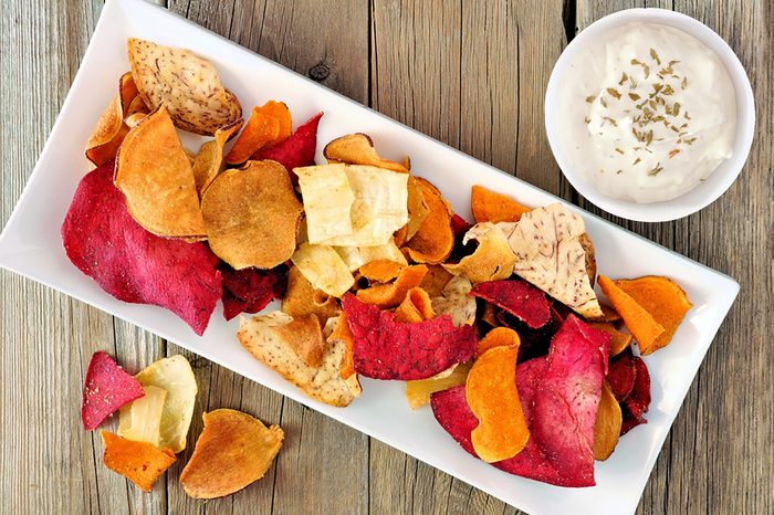 Veggie chips with yogurt dip.