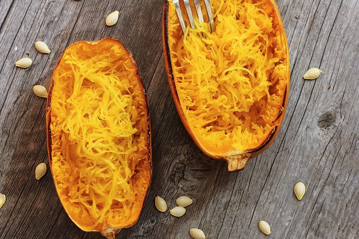 Spaghetti squash noodles in squash.