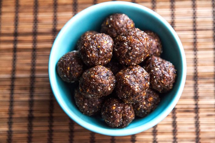 blue bowl of energy balls