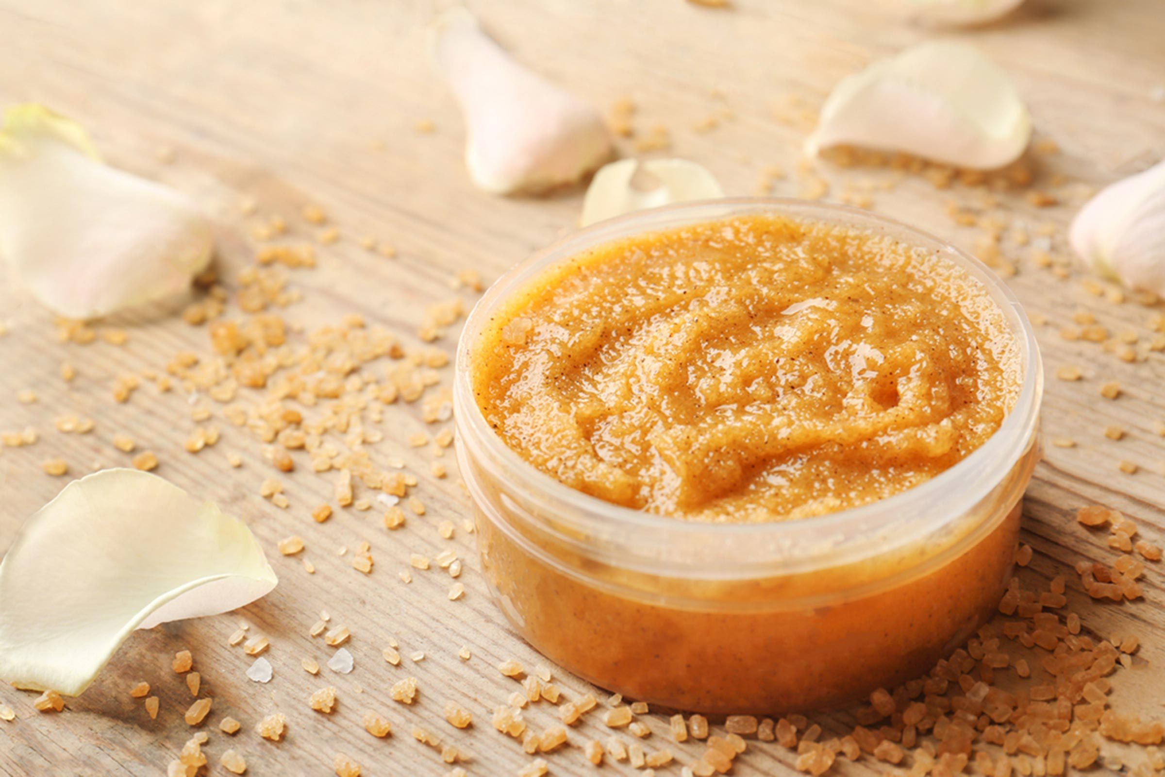 Container of exfoliating scrub.