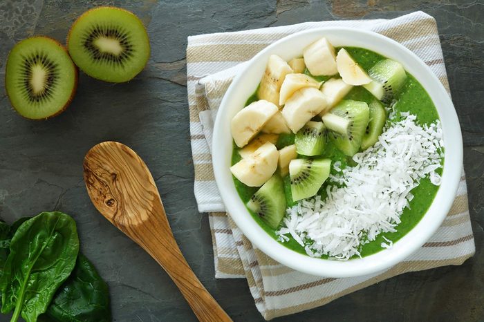 kiwi, banana, coconut over Greek yogurt