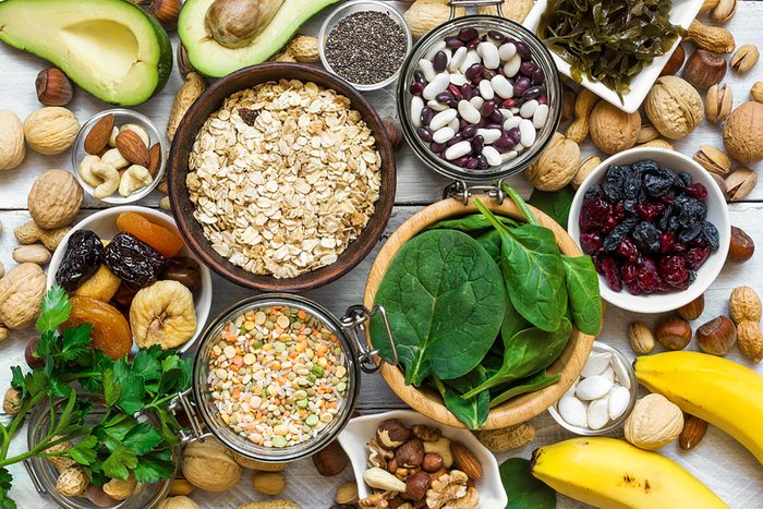 Veggies, fruit, beans, nuts, seeds, and grains.