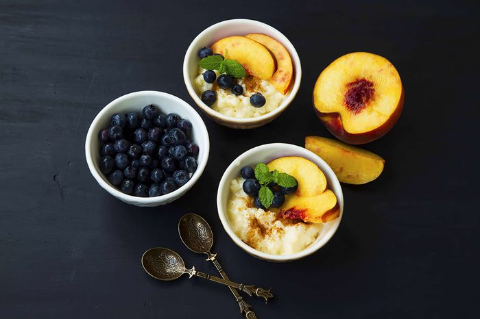 peach and blueberries over Greek yogurt