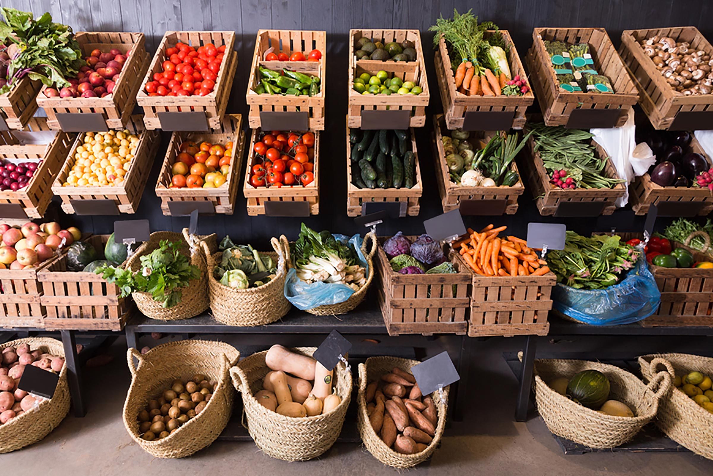 Baskets of produce at the farmer's market.