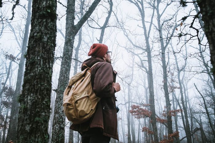 man walking on a dark path through a spooky forest.