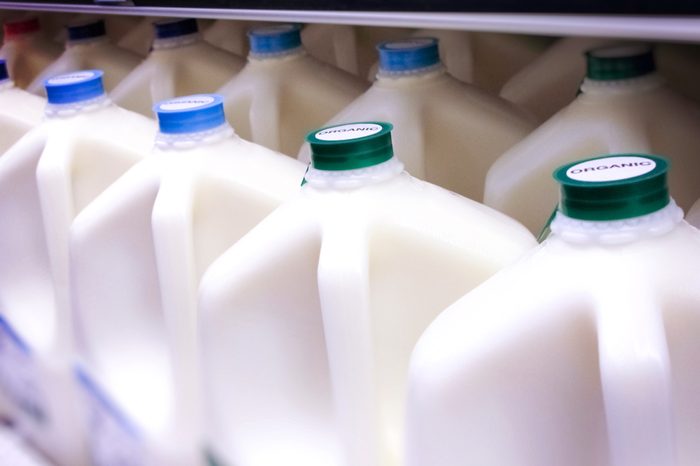 milk jugs at grocery store