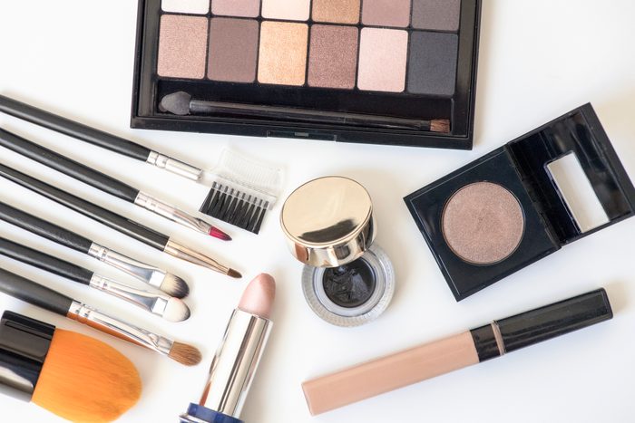 overhead shot of makeup products