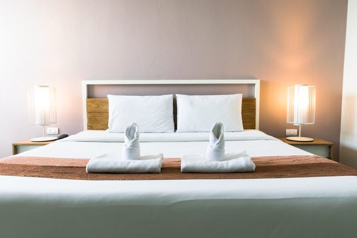 Interior of a luxury double bed hotel bedroom