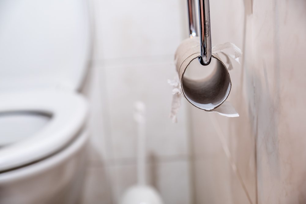 Close-up of finished toilet paper roll in bathroom
