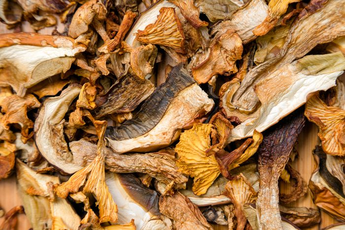 Close up of dried mushrooms top view