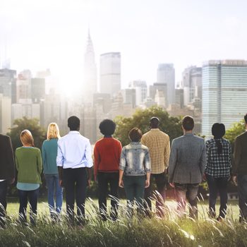 group of people overlooking city