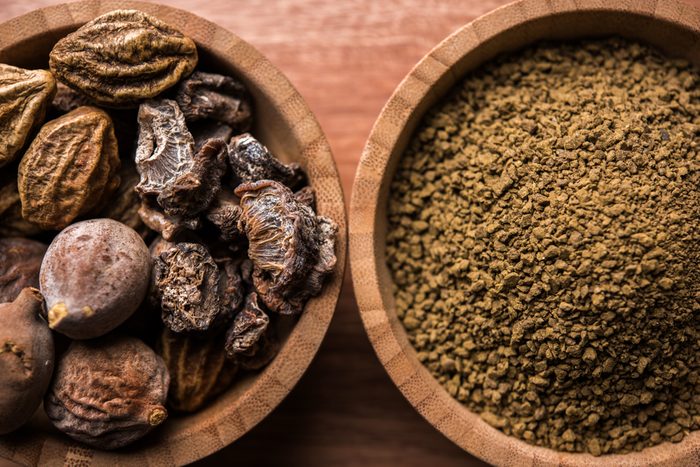 Indian ayurvedic Triphala churan or trifala powder is an ancient medicine for bowel movement or indigestion problems. Selective focus