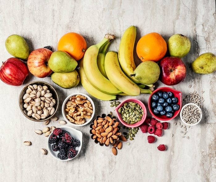 variety of fruits and nuts shot from above