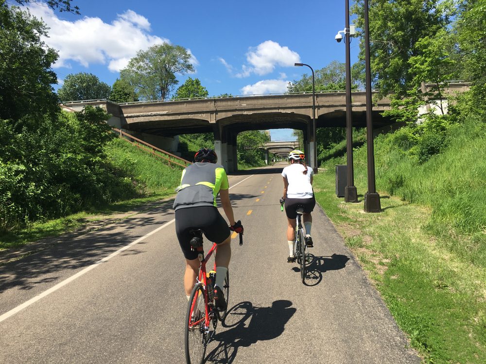 Cyclists on an urban bike path.