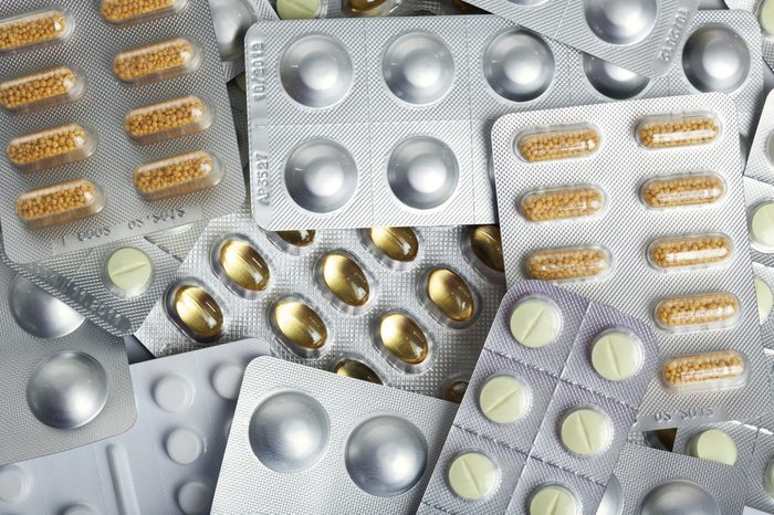 Blister packs with pills and capsules.