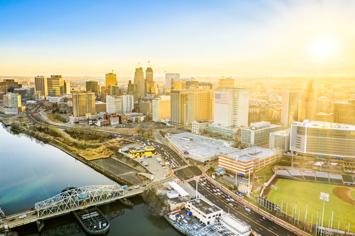 Aerial view of Newark New Jersey skyline on late sunny afternoon
