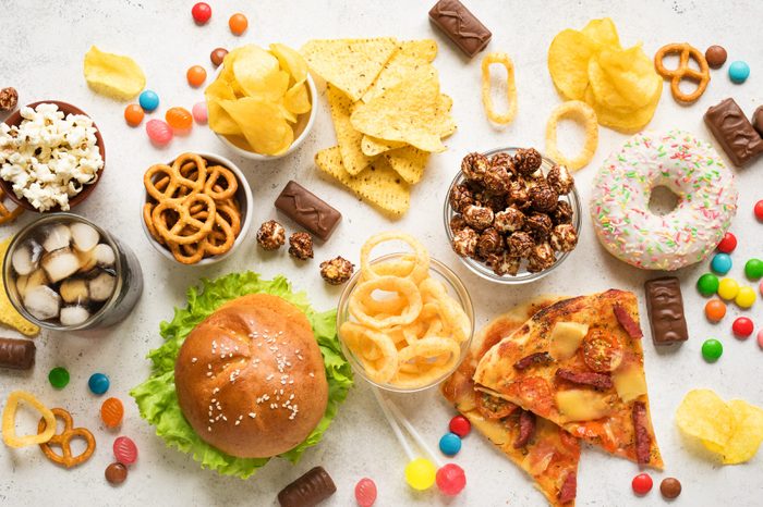 assortment of unhealthy snacks and foods overhead studio