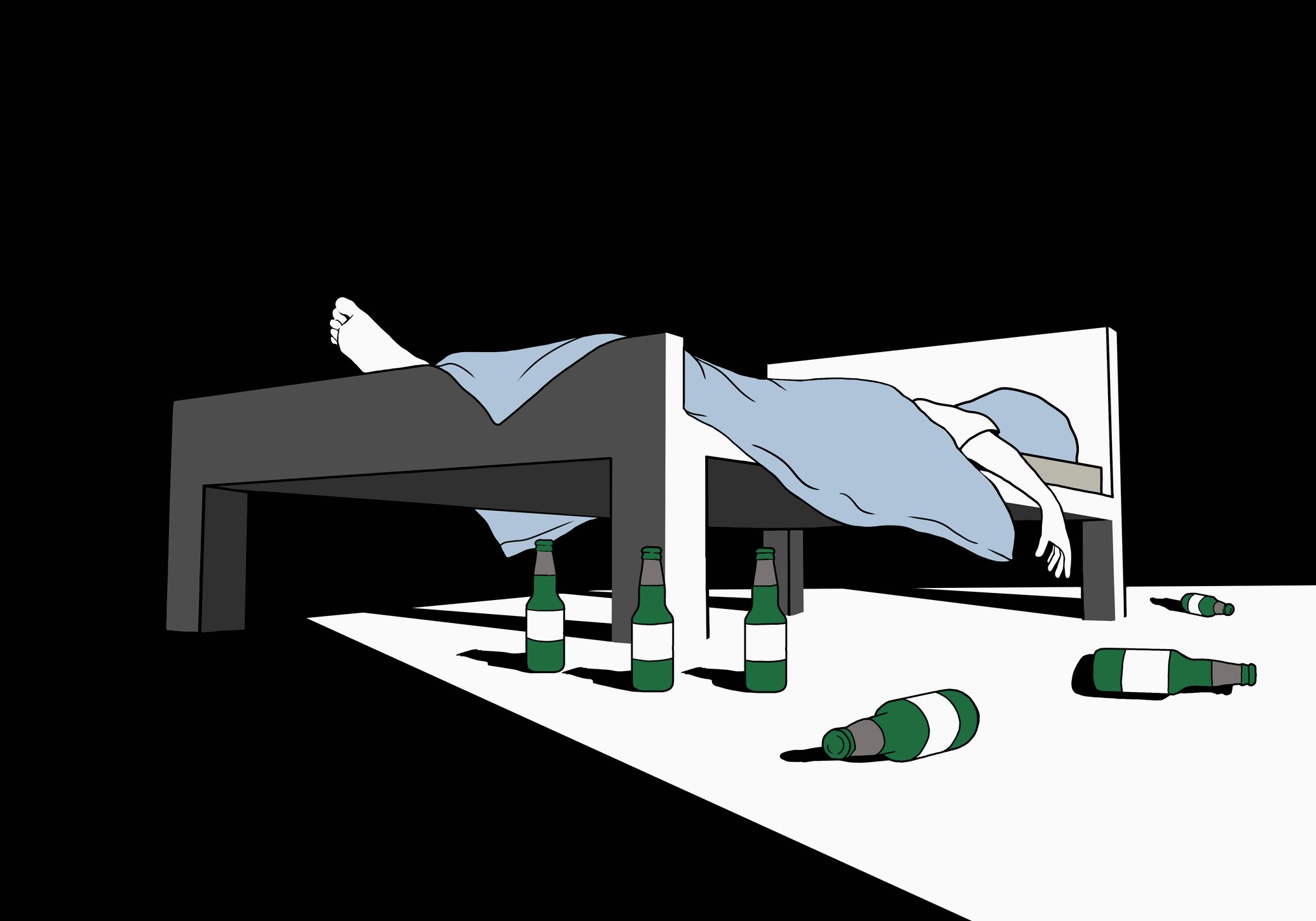 person in bed with beer bottles on floor alcoholism concept illustration
