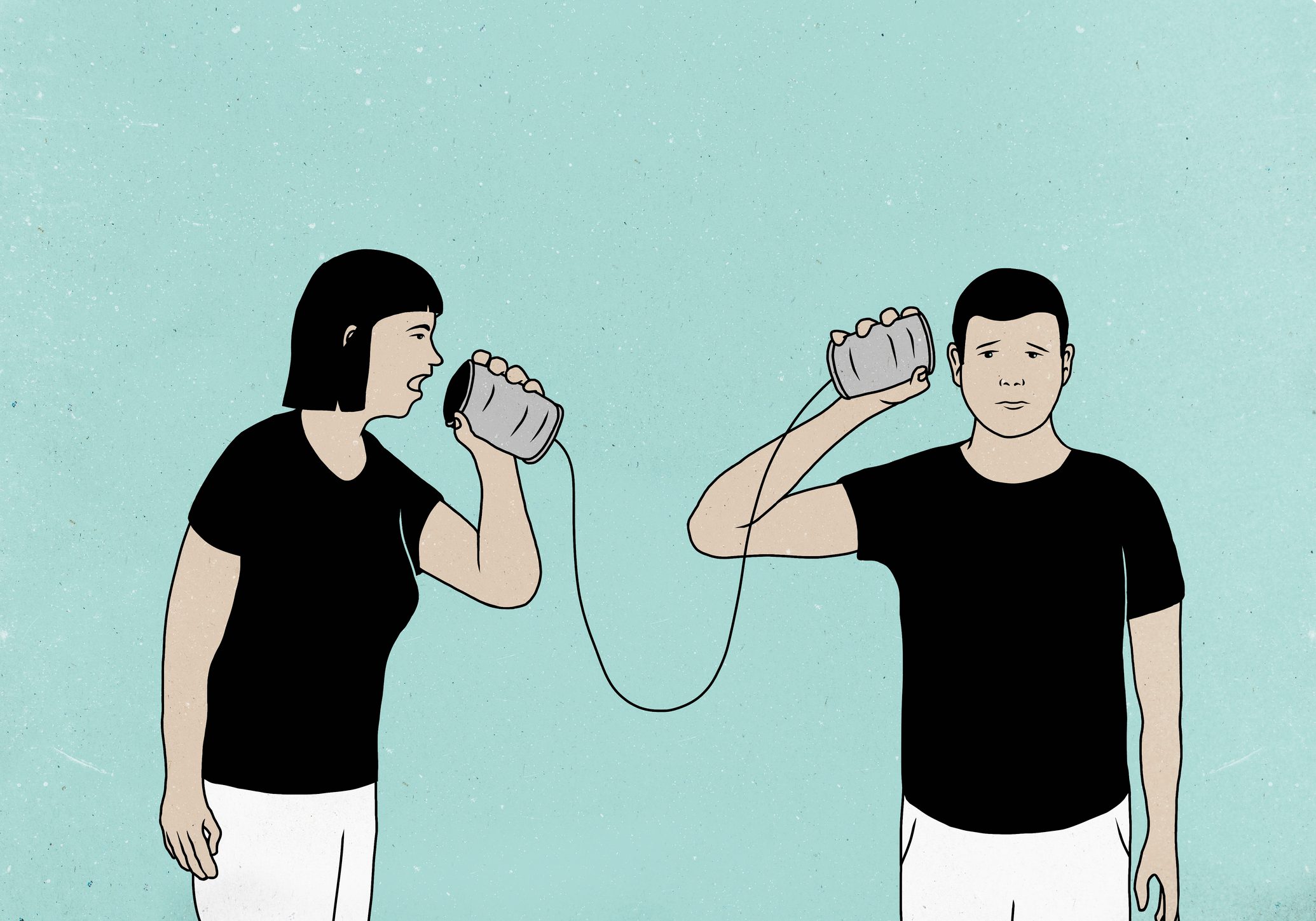 couple communicating through tin cans illustration