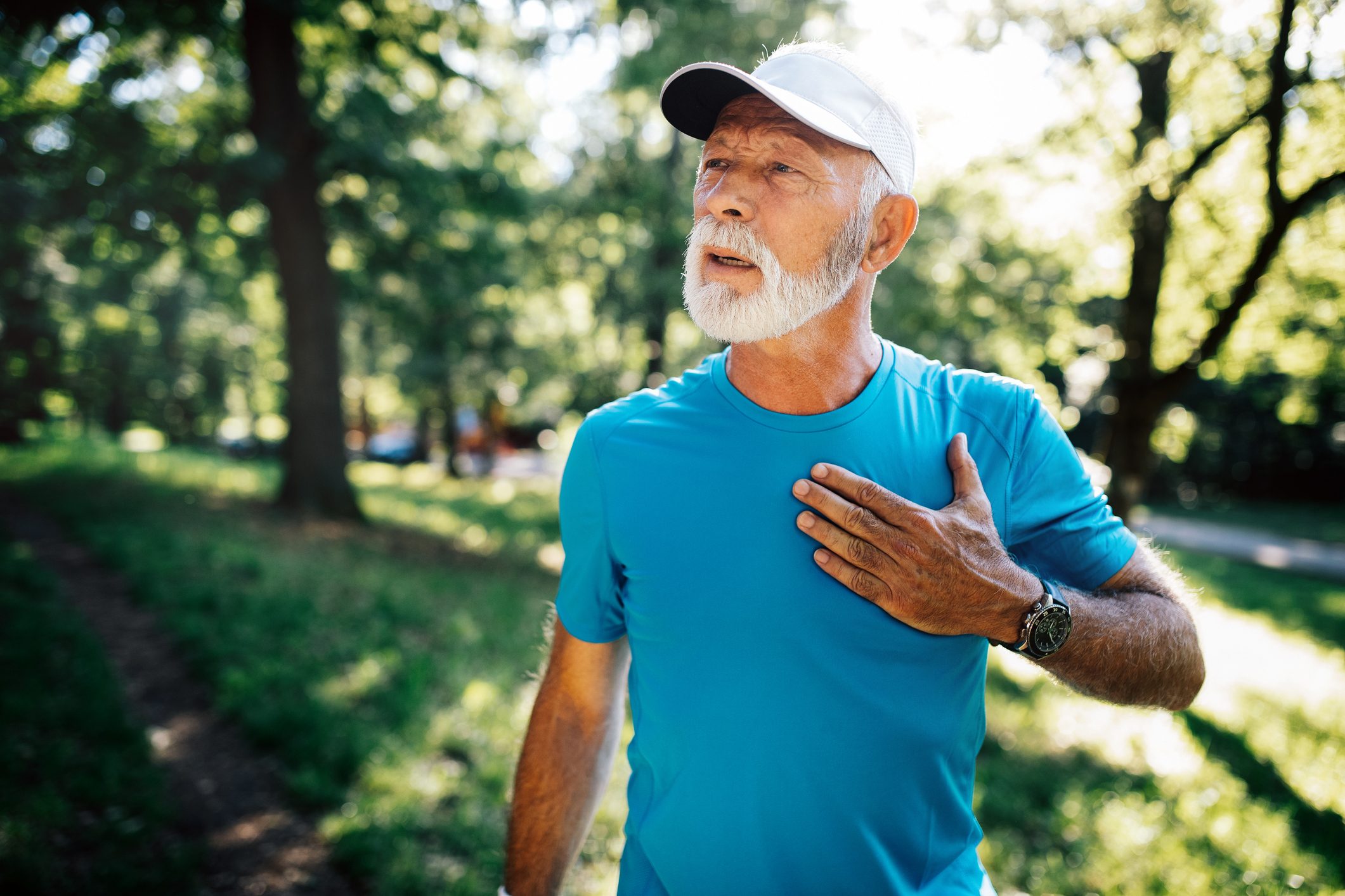 Mature man athlete with sore left chest pain dizziness