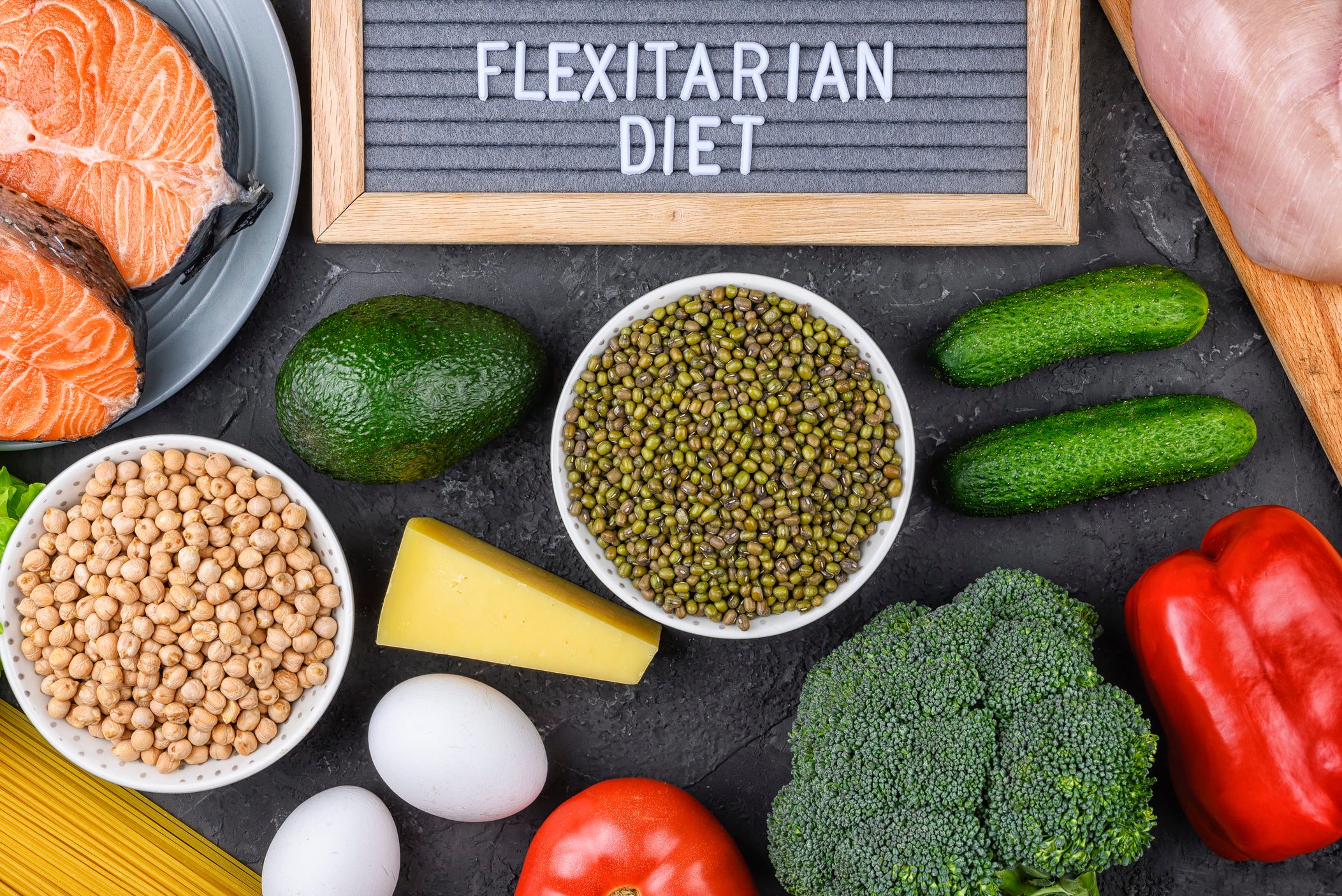 A set of products for a flexible diet. Felt plate with the inscription, a circle of vegetables, cereals and fish. Proper nutrition.