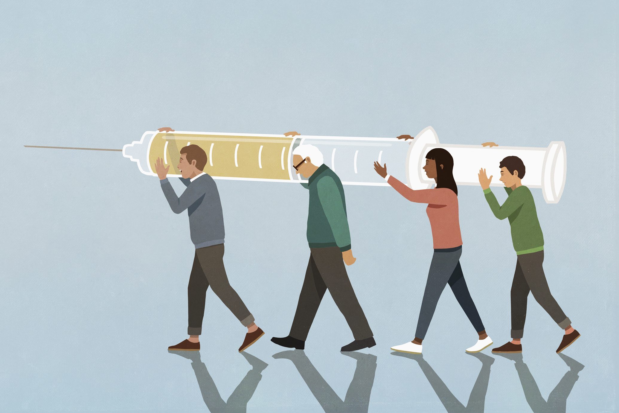 Community carrying large vaccination syringe