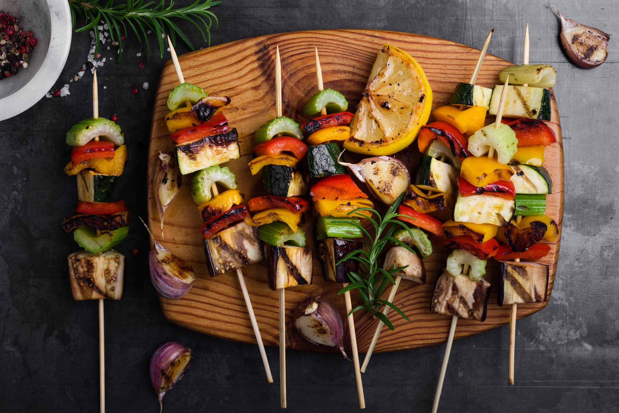 Colorful grilled summer seasonal vegetables skewers