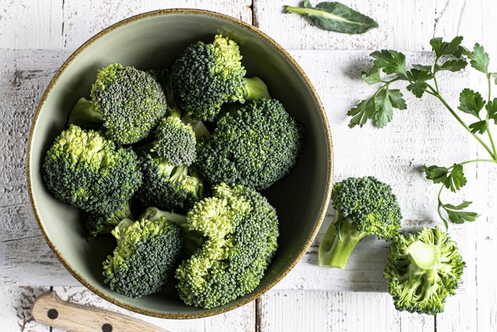 Directly above shot of broccoli in bowl on table,Suceava,Romania