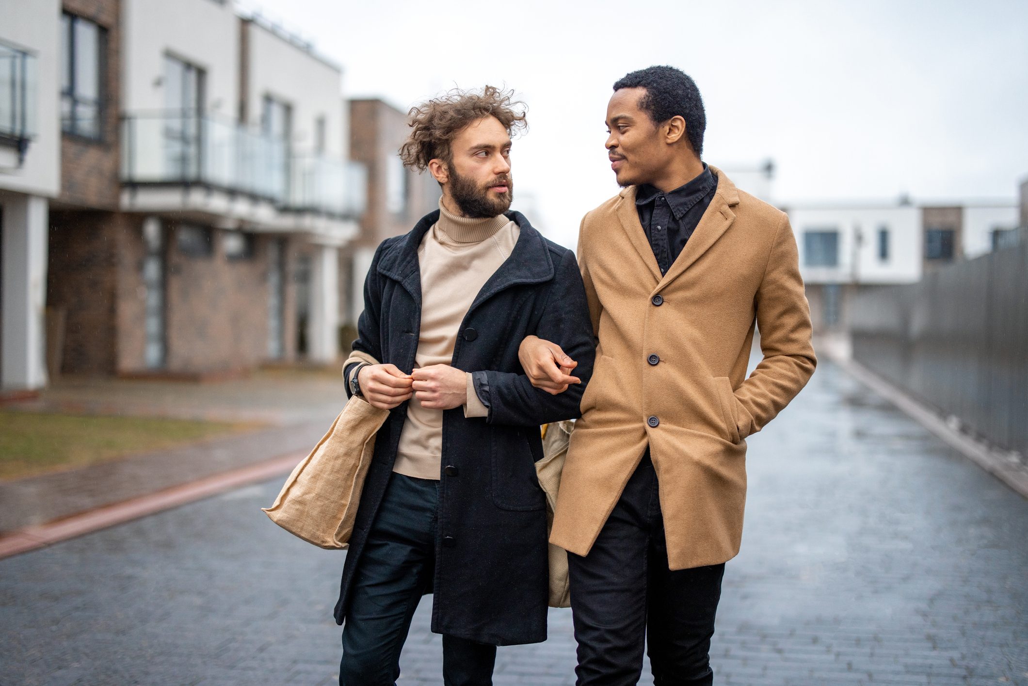 Gay couple walking together outdoors