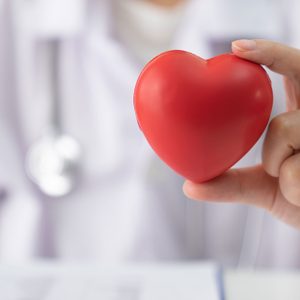 an anonymous doctor holds up a heart shaped stress ball