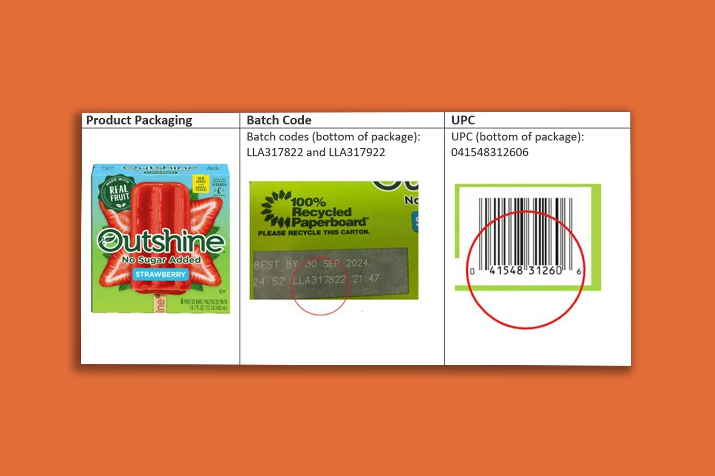 Outshine Strawberry No Sugar Added Ice Cream Bar Recall