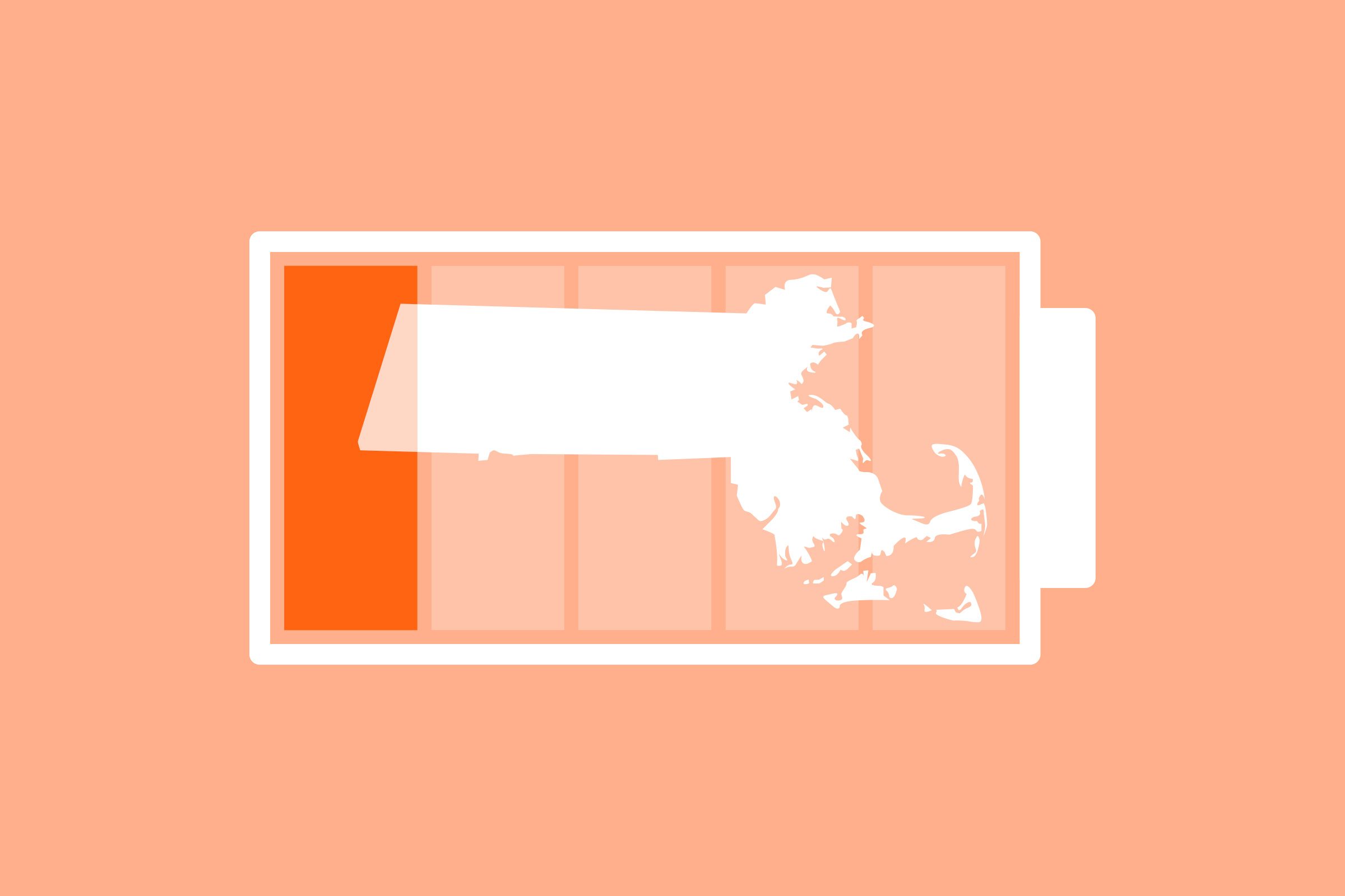 Silhouette of the state of Massachusetts inside a battery indicating low power, burn out