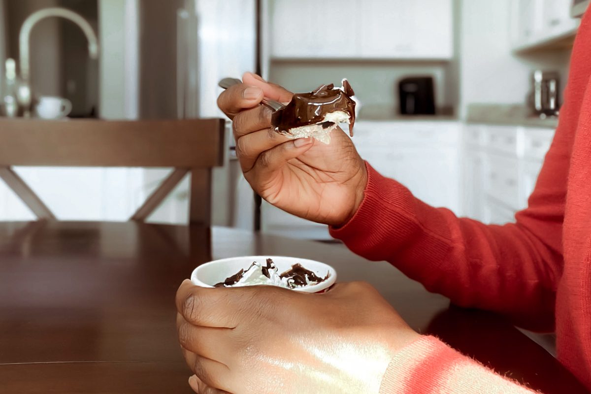 person eating ice cream at home